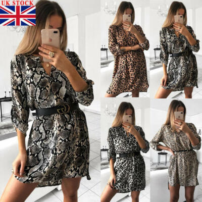 

Women Leopard Print Midi Dress Lady Long Sleeve V Neck Party Wrap Shirt Dress UK
