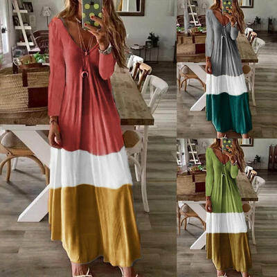 

Plus Size Women&39s Loose Dress V Neck Long Sleeve Casual Splice Boho Long Maxi Dress Oversize Kaftan Shirt Dress vestidos