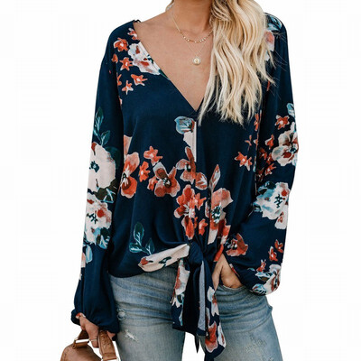 

Womens Shirt V-neck Long Sleeve Knot Print Retro Top