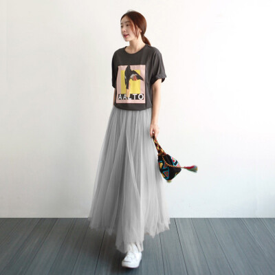 

New Brand Spring Summer Vintage Skirts Womens Elastic High Waist Tulle Mesh Skirt Long Pleated Tutu Skirt Female W2