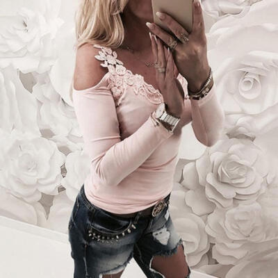 

Women Cotton Long Sleeve Blouse Off Shoulder T Shirt Lady Casual Lace strap Tops
