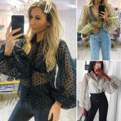 

Women Fashion V Neck Puff Sleeve Polka Dot Tops Ladies Organza Blouse T-Shirt US
