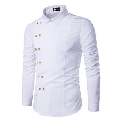 

Fashion Gold Double Breasted Mens Shirt Casual Slim Long Sleeve Base Shirt Tops
