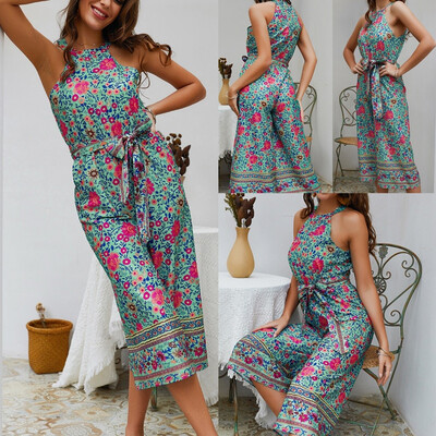 

Gobestart Women Fashion Sleeveless Jumpsuit Summer Beach Camisole Printed Rompers