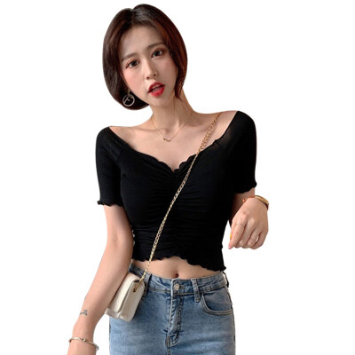 

Womens Ruched V Neck Solid Short Sleeve Knitted Sexy Slim Crop Top T-Shirt