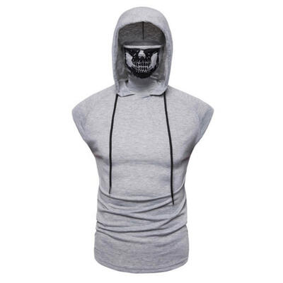 

Summer Super Stretch Fitness Men Ninja Uniform Hooded Sleeveless T-shirt With Skull Mask