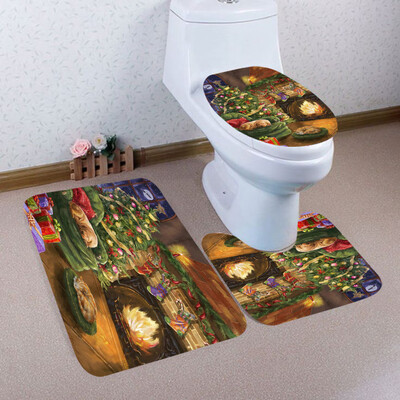 

〖Follure〗3PCS Christmas Bathroom Non-Slip Pedestal Rug Lid Toilet Cover Bath Mat Set