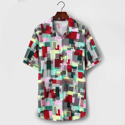 

Tailored Mens Ethnic Printed Stand Collar Colorful Stripe Short Sleeve Loose Shirt
