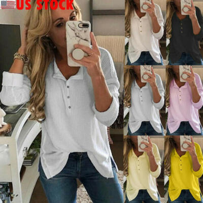 

Women Buttons V Neck Shirt Tops Casual Plain Loose Baggy Blouse Long Sleeve Top