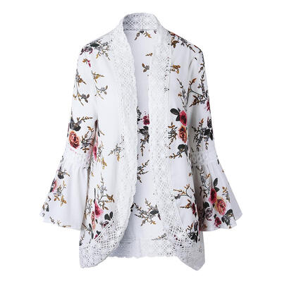

Women Elegant Lace Hollow Out Cardigan Floral Print Tops Cover Up Blouses