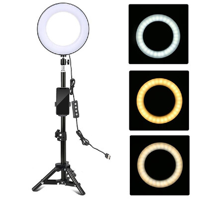 

8 Inch Desktop LED Ring Light 3 Lighting Modes Dimmable USB Powered with Phone Holder Mini Ball Head Tripod Stand Remote Control f