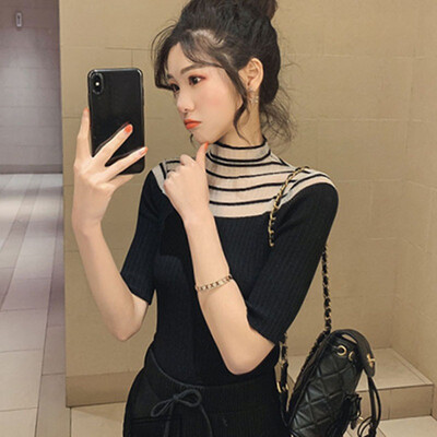 

Korean T-shirt Knitted Slim Pullover Women Tops Half Sleeve Thin Tight Fit Semi-high Collar Hollow Stitching Clothing Plus Size