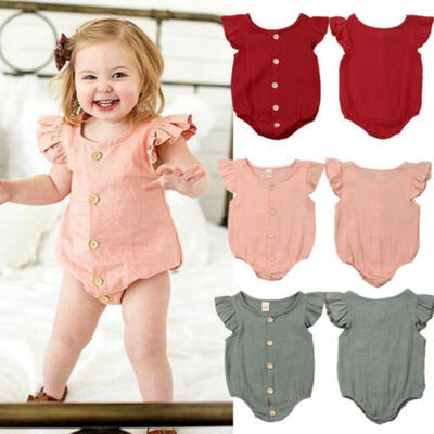 

US Adorable Summer Solid Fly Sleeve Romper Infants Solid Button Bodysuit Outfits