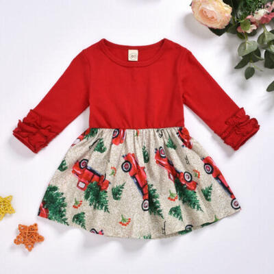 

Christmas Toddler Baby Girl Dress Xmas Ruffle Car Print Tutu Dress Clothes