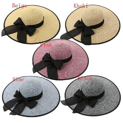 

Fashion Women Sun Hat Straw Hat Solid Wide Brim Self-tie Summer Sunbonnet Beach Panama Hat