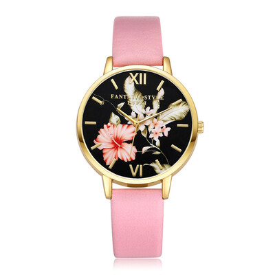 

Featured Womens Watches Scale Golden Border Dial Ladies Quartz Wristwatch Flower Pattern Leather Strap Clock Reloj Mujer
