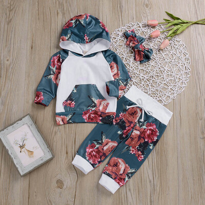 

Newborn Infant Baby Boy Girl Floral Tops Hoodie Pants Outfits 3Pcs Set Clothes