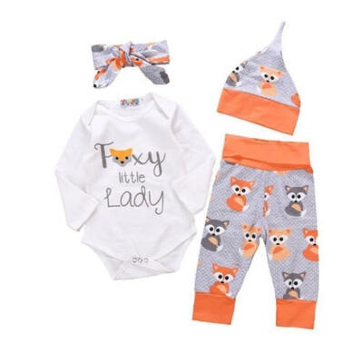 

4PCS Newborn Baby Girls Top Romper Long Pants Hat Outfits Clothes 0-18M