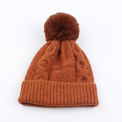 

Funny Women Knitted Hat Solid Color Wool Blends Crochet Pattern Pom-pom Top Ribbed Casual Warm Beanies