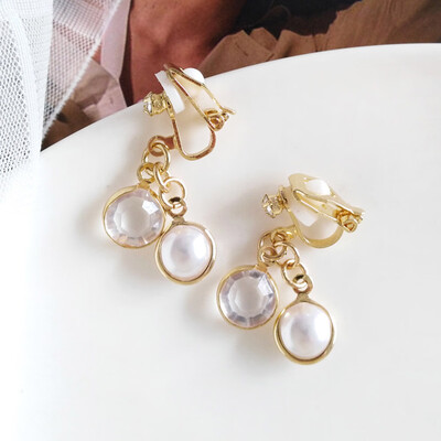 

Geometric Crystal Round Beautiful Ear Clip Earrings Imitation Pearls Drop