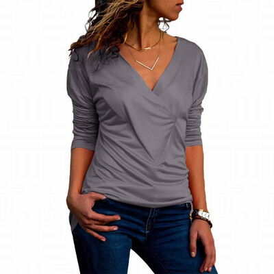 

Solid color V-neck long-sleeved slim T-shirt casual simple womens shirt
