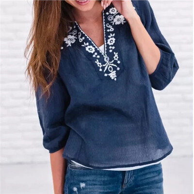 

Plus Size Women Long Rolled Sleeve Zipper V Neck Shirt Casual Floral Print Tops