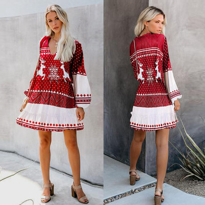 

Gobestart Women Christmas Print V Neck Ladies Lantern Sleeve Dress Xmas Mini Dress