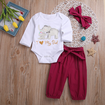 

Autumn Baby Girl Casual Elephant Pattern Long Sleeve Romper Tops Trousers Headband 3pcs Outfits Set