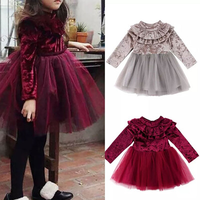 

Kids Baby Girls Dress Velvet Fleece Long Sleeve Party Dress Tulle Tutu Dress