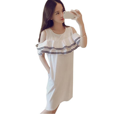 

Women O Neck Dress Ruffle Stripe Strapless Short Sleeve Slim Loose Dresses