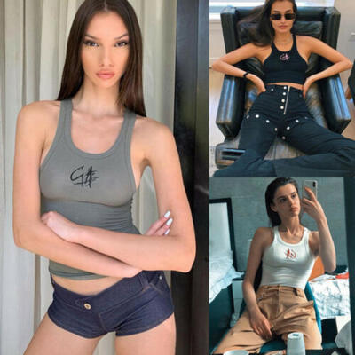 

Women Fashion Summer Letter Sport Sleeveless Slim Casual Tank Tops Crop T-Shirt