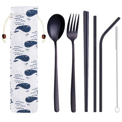 

Toponeto Stainless Steel Dinnerware Set Metal Straw Spoon Fork Chopsticks Tableware 6 Pcs