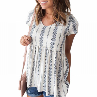 

Printed bouquet waist top womens V-neck short-sleeved ruffled loose T-shirt