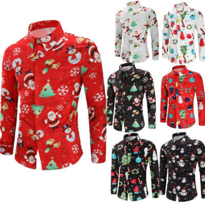 

Mens Christmas Long Sleeve Button Down T-shirt Tops Slim Fit Xmas Dress Shirts