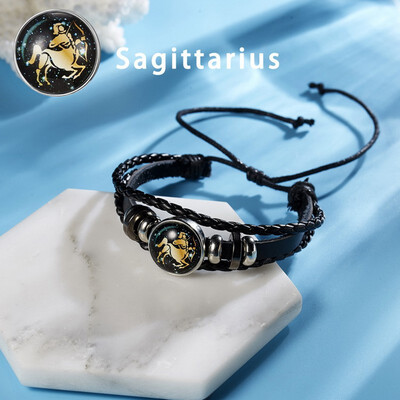 

12 Constellations Punk Leather Zodiac Sign Beads Bangle Bracelets For Women Men Jewelry Travel Bracelets Holiday Gift