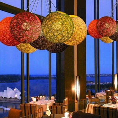 

Romantic Rattan Ball Night Light with Wood Base Round Lampshade Night Lamp