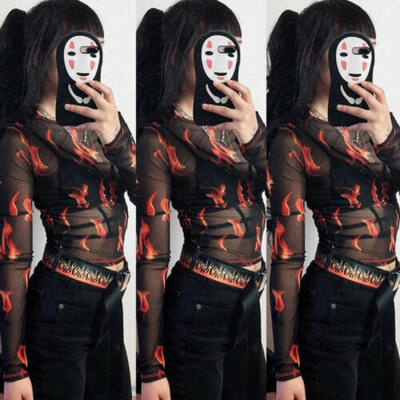 

Women Sheer Crop Top Fire Print Transparent Mesh T-Shirt Blouse Tee Tops Summer