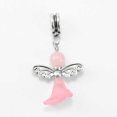 

Lovely Wedding Dress Angel Alloy European Dangle Large Hole Pendants with Rose Quartz Beads&Transparent Acrylic Beads 38mm
