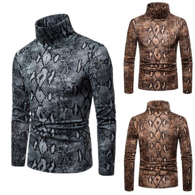 

Fashion Mens Long Sleeve High Collar Snake Skin Stretch Slim Basic T Shirt Tops