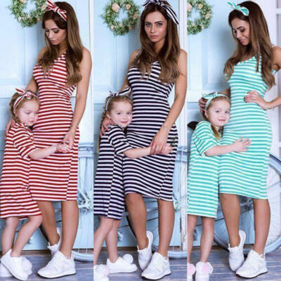 

Family Dress Mother&Daughter Matching Striped Womens Girls Mini Short Dress