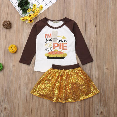 

Girls Thanksgiving 2PCs Outfits Set Kids T-Shirt Top Sequins Skirt Dress Clothes