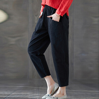 

Fashion Womens Solid Cotton&linen Pocket Elastic Waist Loose Trousers Pants