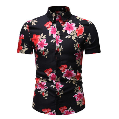 

Tailored Mens Comfy Printed Turn-Down Collar Slim Fit Short Sleeve Top Shirt Blouse