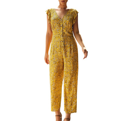 

Original Summer Floral Jumpsuit V-neck Lotus Leaf Sleeve Single-breasted Jumpsuit Wide-leg Pants