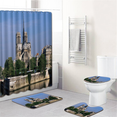 

Gobestart Waterproof Bathroom Shower Curtain Set Non-Slip Rug Toilet Lid Cover Bath Mat