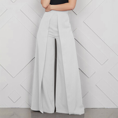 

Womens High Waist Fashion Solid Color Zipper Loose Wide Pants Long Trousers