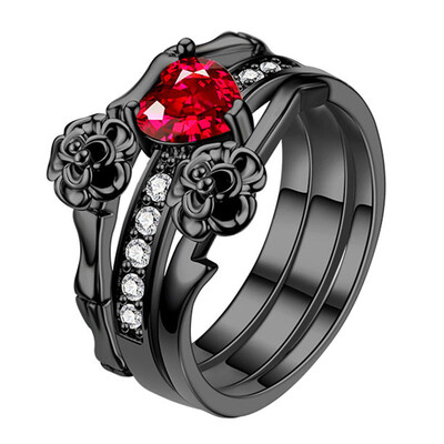 

Women\s Red Crystal Black Rose Flower Ring Set Wedding Jewelry