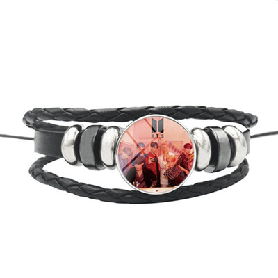 

Skisneostype- Kpop BTS Bracelet Bangtan Boys Black Handmade Leather Rope Bracelet Time Gem Cabochon Wristband
