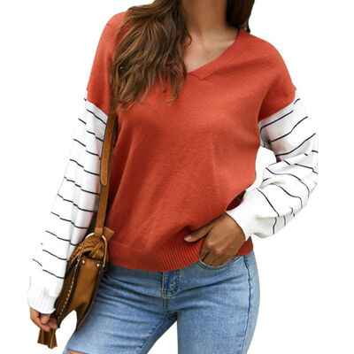 

Women Autumn Fashion Concise All-match V-collar Color-blocked Long Sleeve Sweater