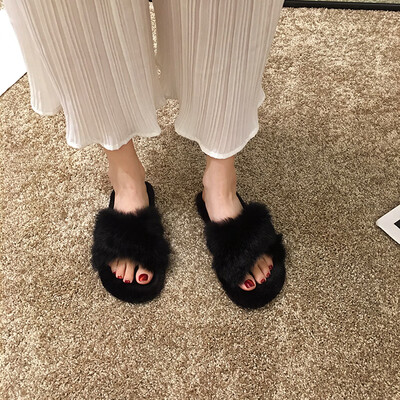 

Hairy slippers women wear summer Korean version fashion open-toed society flat bottom cross word drag